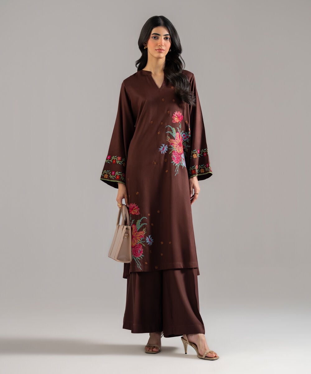 Women's RTW Bedford Solid Embroidered Brown Straight Shirt