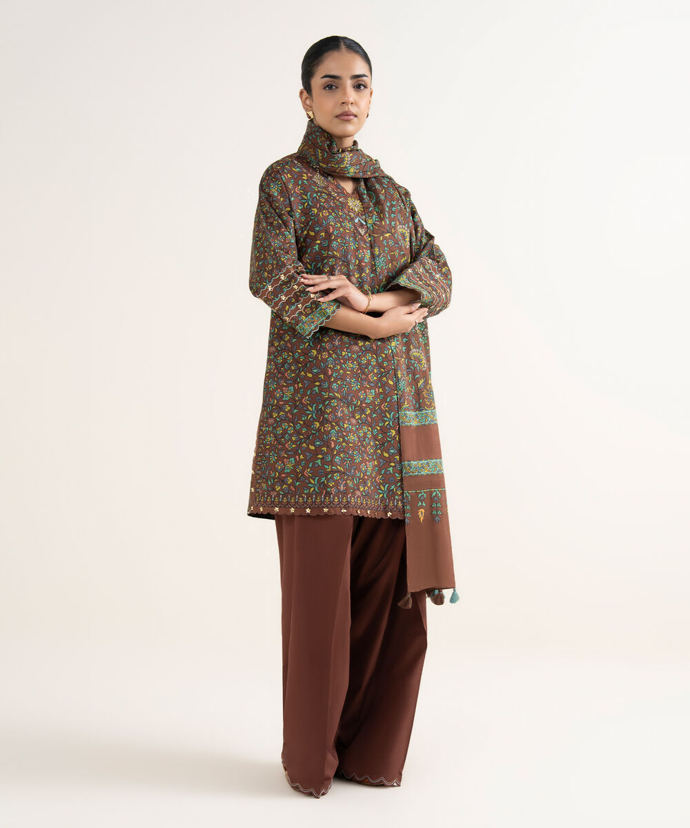 Women's Unstitched Lawn Printed Brown 3 Piece Suit