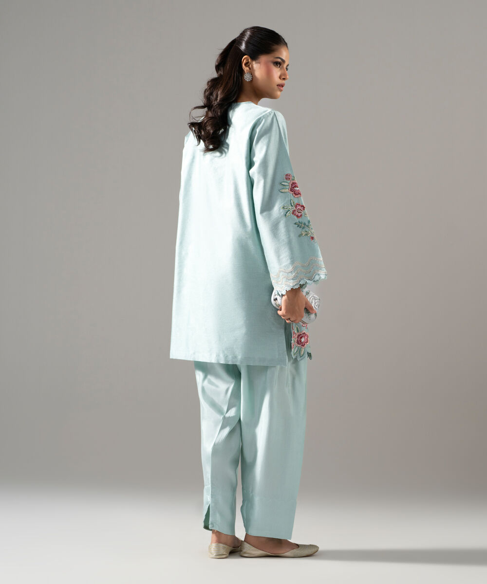 Women's RTW Cotton Net Solid Embroidered Blue 2 Piece Suit