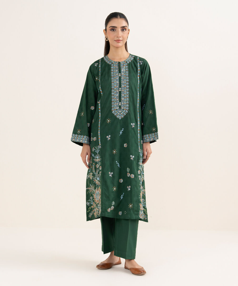 Women's RTW Self Jacquard Leno Embroidered Green A-Line Shirt
