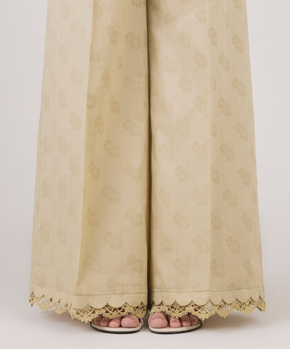 Women's RTW Cotton Jacquard Beige Solid Flared Pants