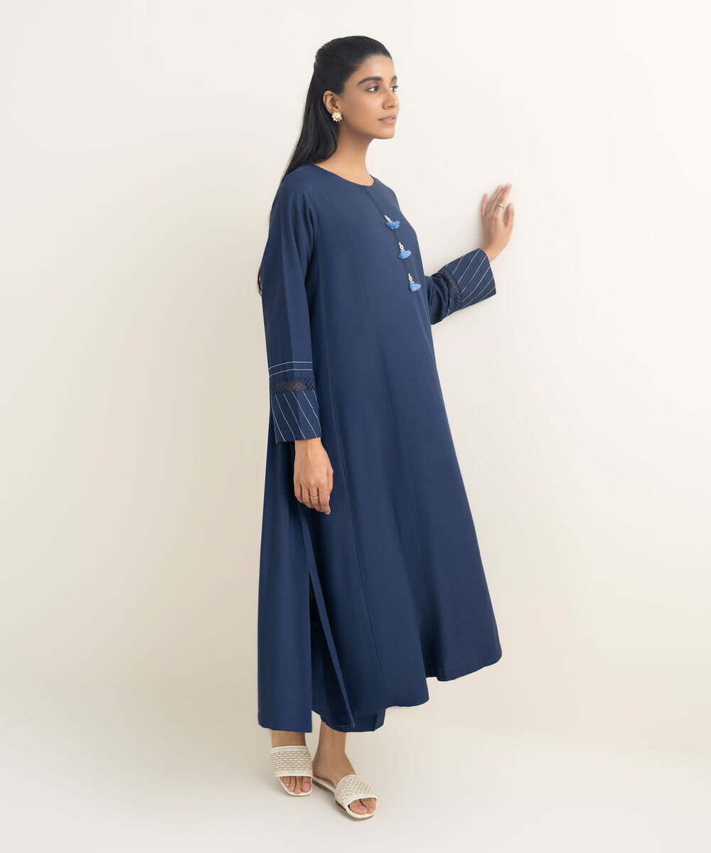 Women's RTW Khaddar Solid Blue A-Line Shirt