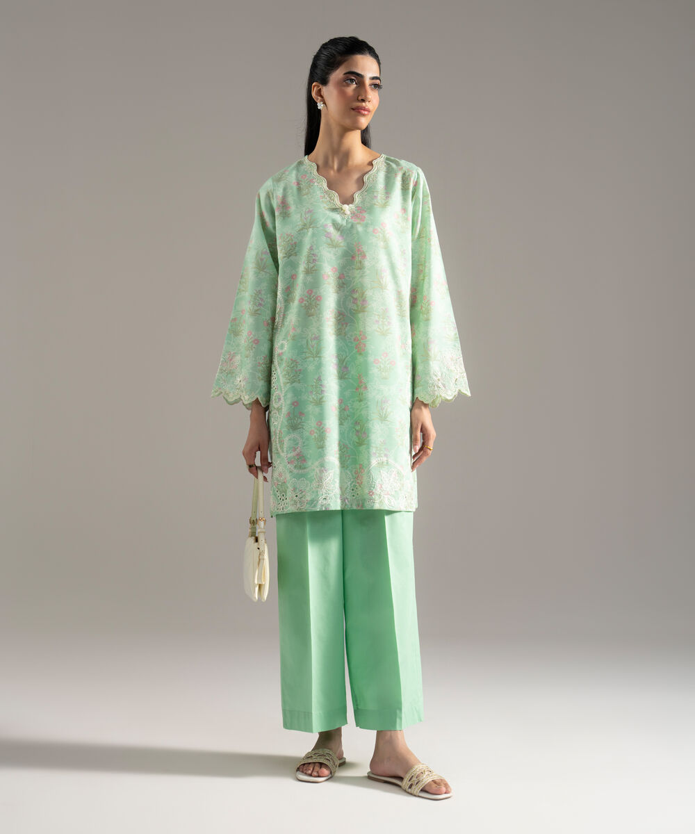 Women's RTW Cotton Viscose Printed Embroidered Green 2 Piece Suit