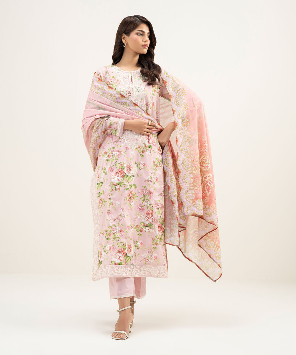 Women's RTW Lawn Embroidered Pink 3 Piece Suit