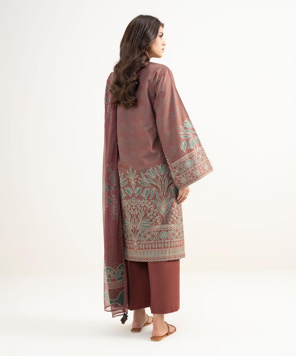 Women's Unstitched Zari Lawn Printed Red 3 Piece Suit