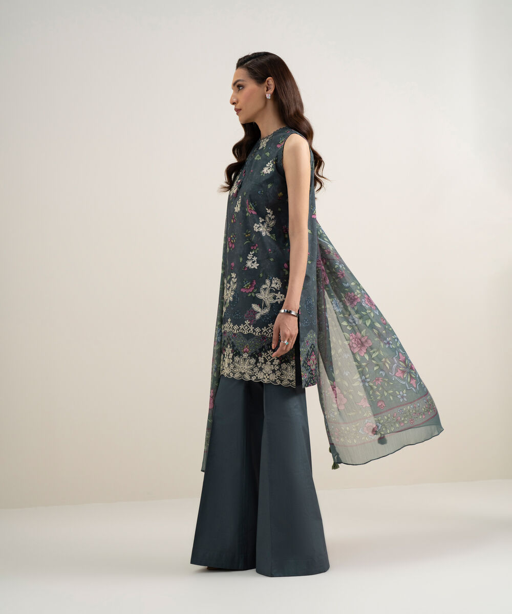 Women's Unstitched Lawn Embroidered Grey 3 Piece Suit