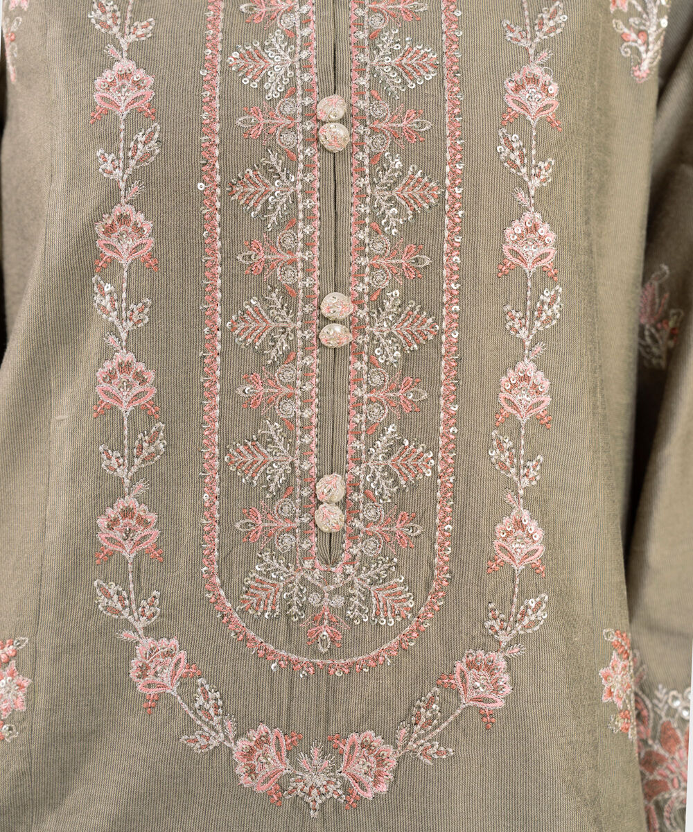 Women's RTW Silk Cotton Net Embroidered Green Three Piece Suit