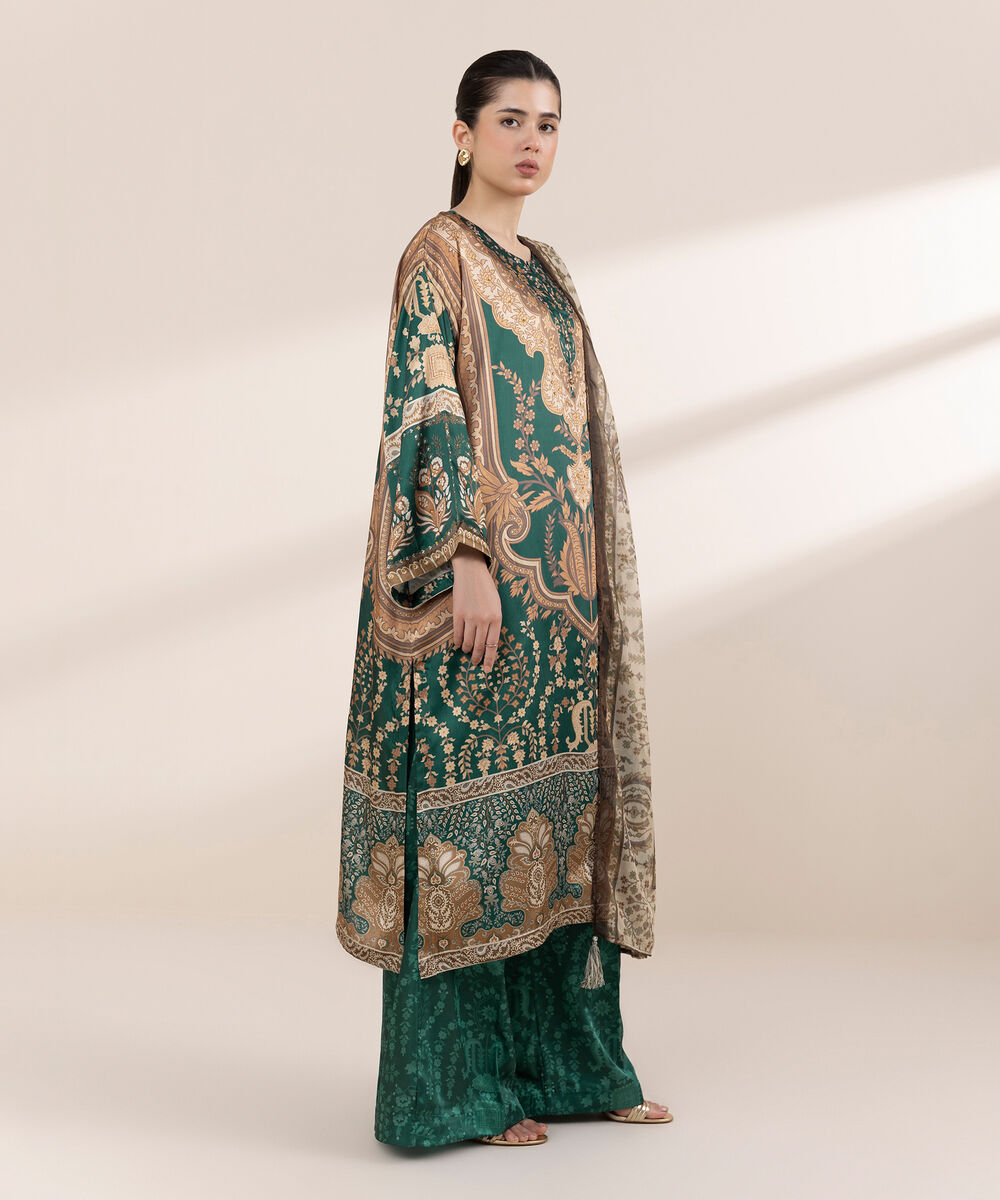 Women's RTW Blended Grip Green Printed Three Piece Suit