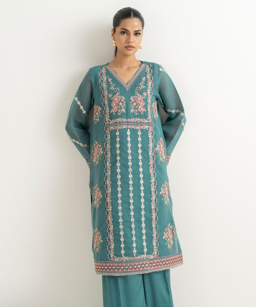 Women's RTW Blended Textured Karandi Embroidered Straight Blue Shirt