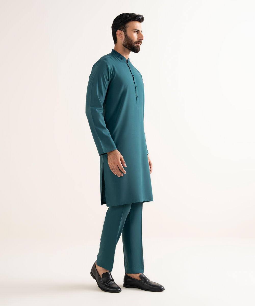 Men's Textured Wash & Wear Embroidered Blue Kurta Trouser