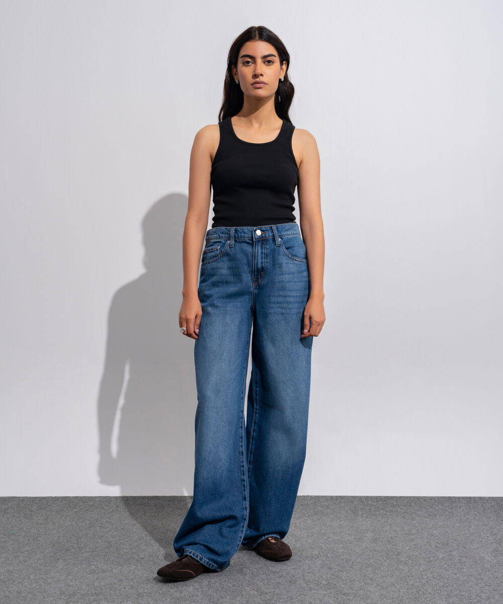 Women's Western Wear Denim Baggy Fit Indigo Blue - Dark Worn Jeans