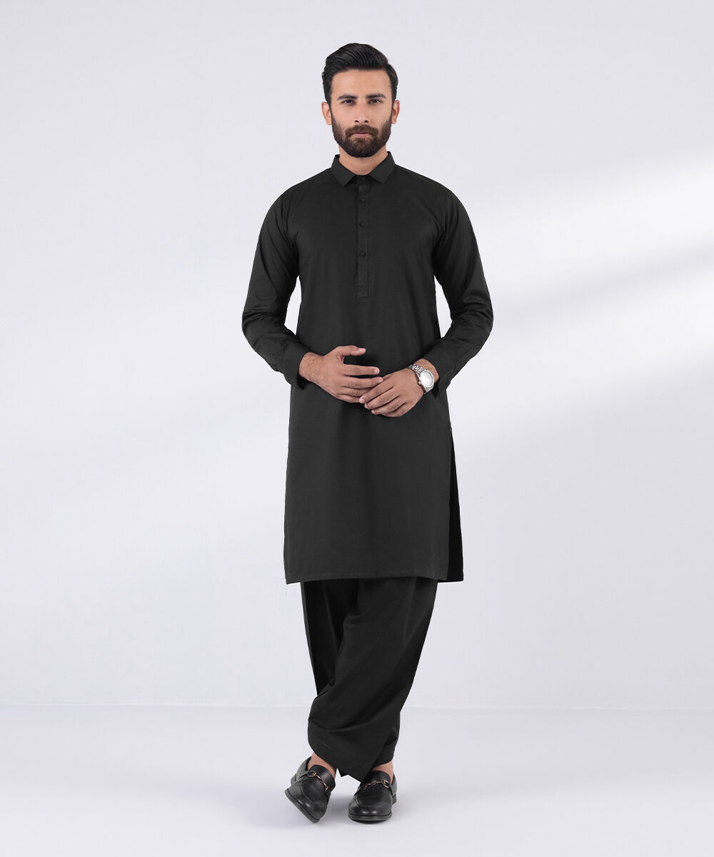 Men's 100% Cotton Stitched Plain Black Stitched Suit