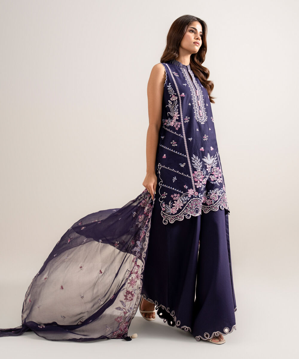 Women's Unstitched Embroidered Cotton Viscose Purple 3 Piece Suit