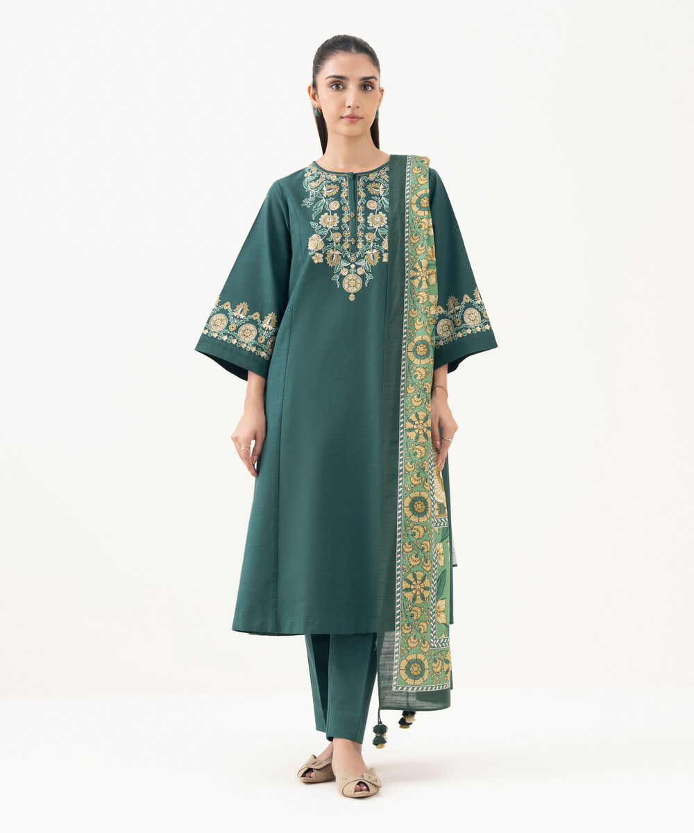 Women's Unstitched Cotton Embroidered Green 3 Piece Suit
