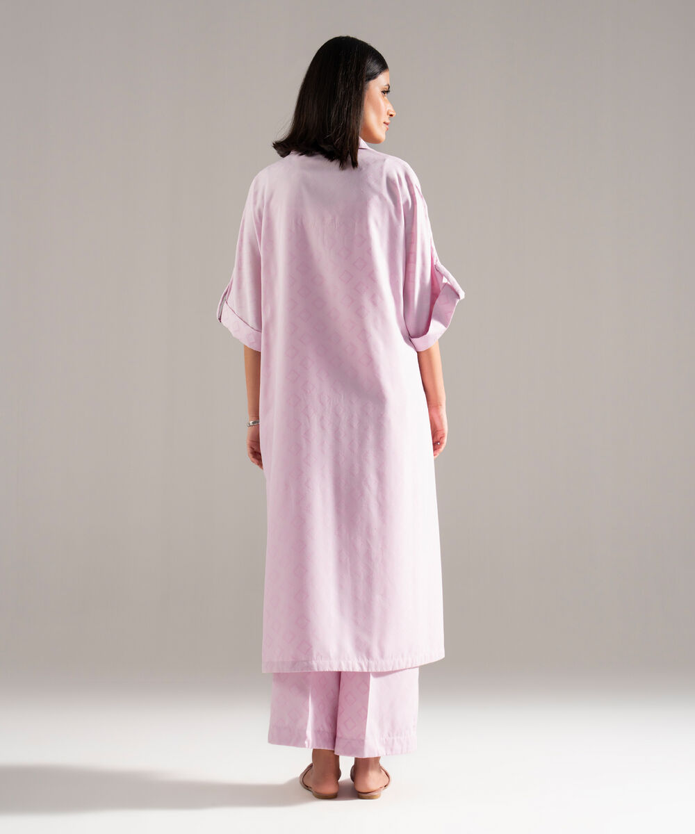 Women's RTW Poly Viscose Jacquard Solid Pink Drop Shoulder Shirt