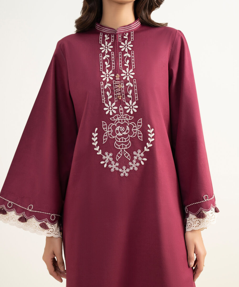 Women's Unstitched Lawn Embroidered Red 2 Piece Suit