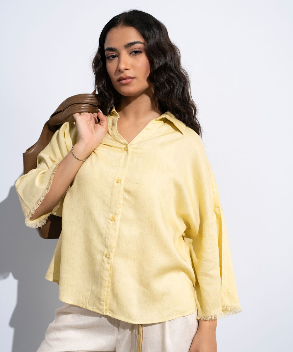 Women's Butter Yellow Linen Blend V-Neck Top
