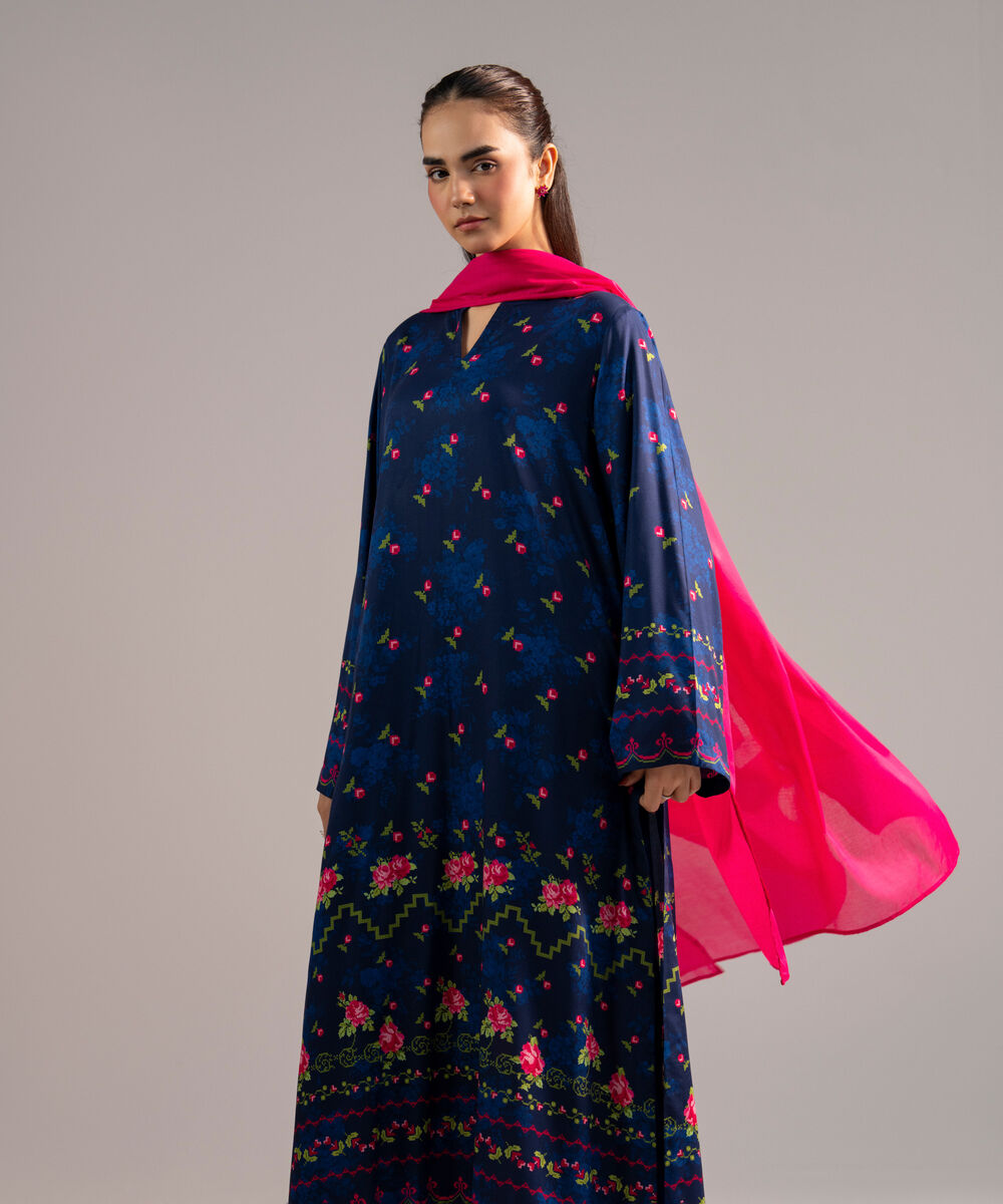 Women's RTW Arabic Lawn Solid Dark Blue 3 Piece Suit