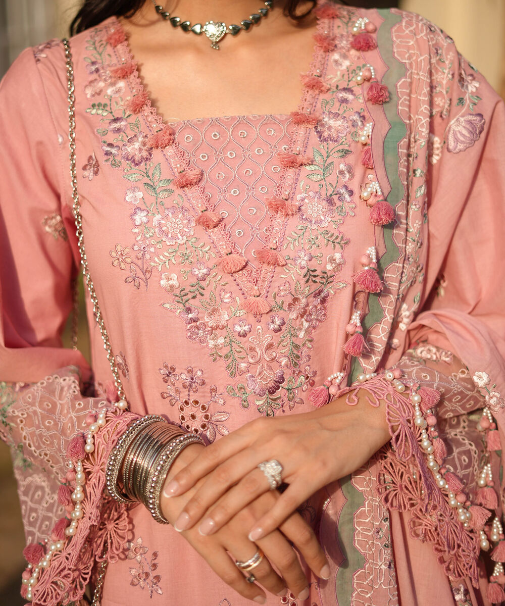 Women's Unstitched Lawn Embroidered Pink 3 Piece Suit