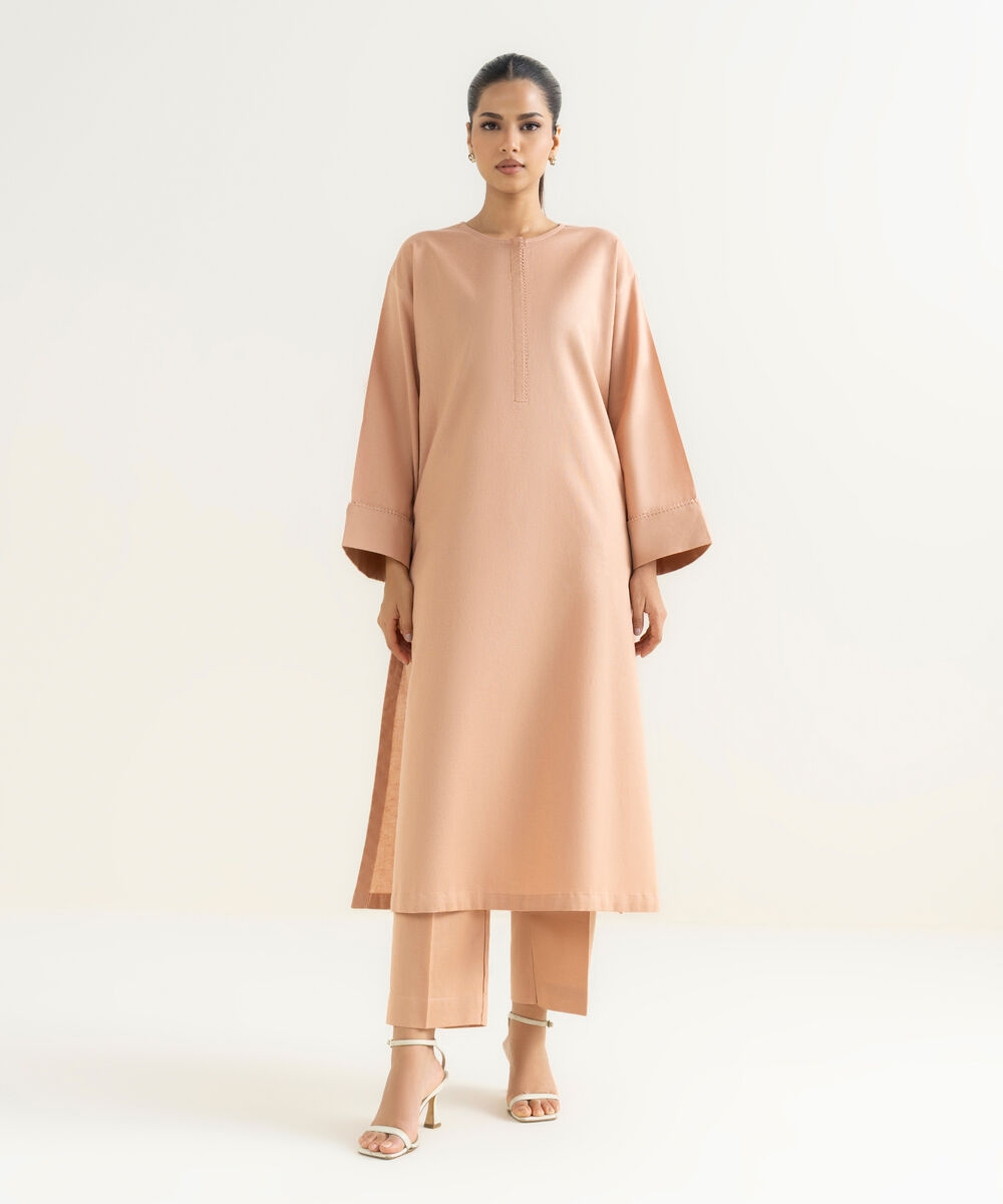 Women's RTW Cotton Linen Pink Solid Drop Shoulder Shirt