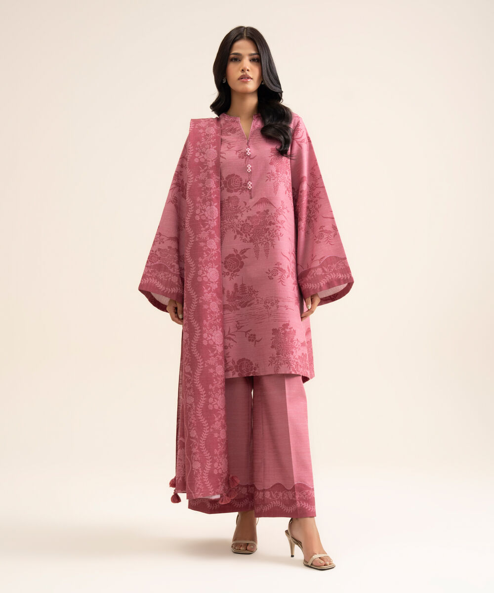 Women's Unstitched Light Khaddar Printed Pink 3 Piece Suit