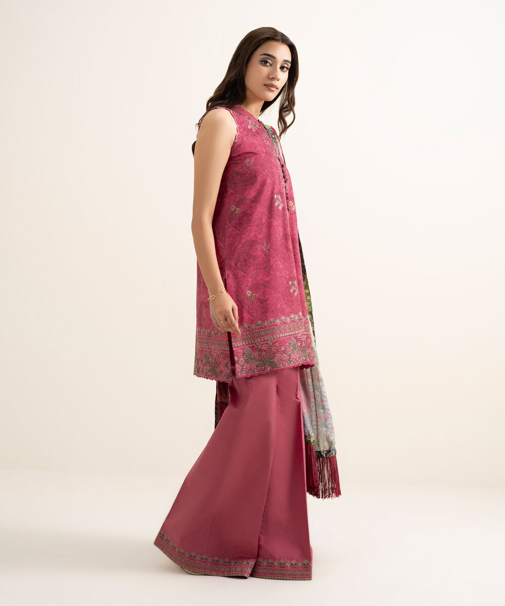 Women's Unstitched Lawn Embroidered Pink 3 Piece Suit