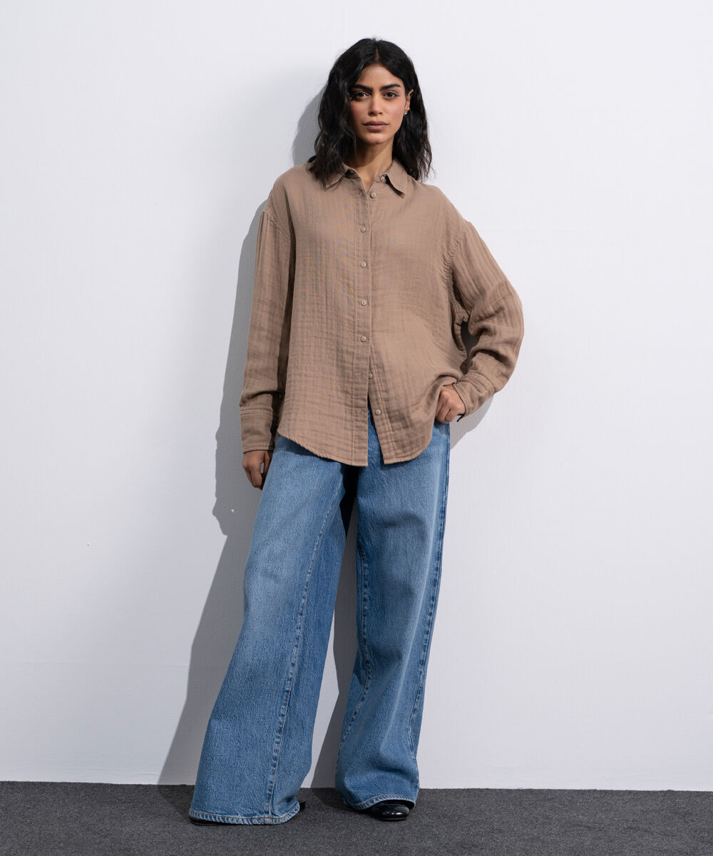 Women's Beige Loose-Fit Muslin Shirt