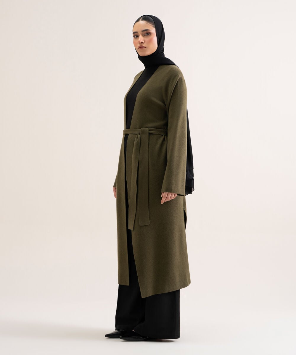 Women's Olive Green Solid Sweater-Knit Abaya Set
