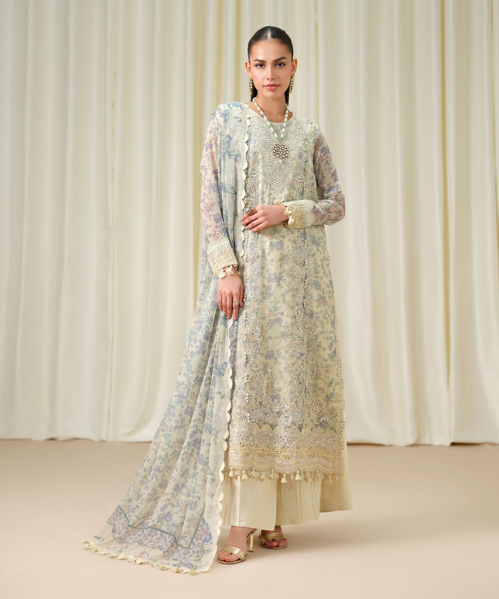 Women's Unstitched Blended Chiffon Embroidered Yellow 3 Piece Suit