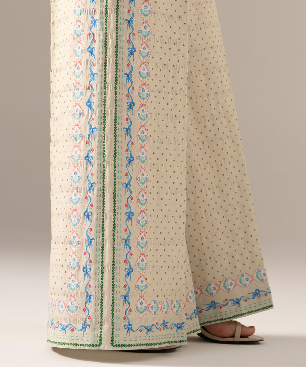Women's RTW Seersucker Printed Beige Flared Pants