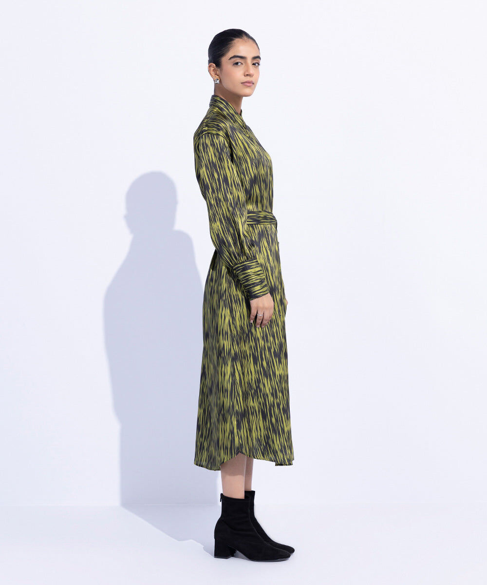 Woman - Green Silky Printed Dress with Belt