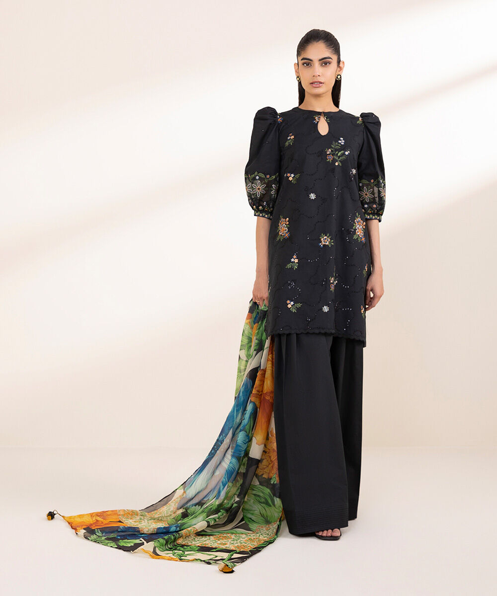 Woman - Black 3 Piece - Embroidered Cotton Suit
