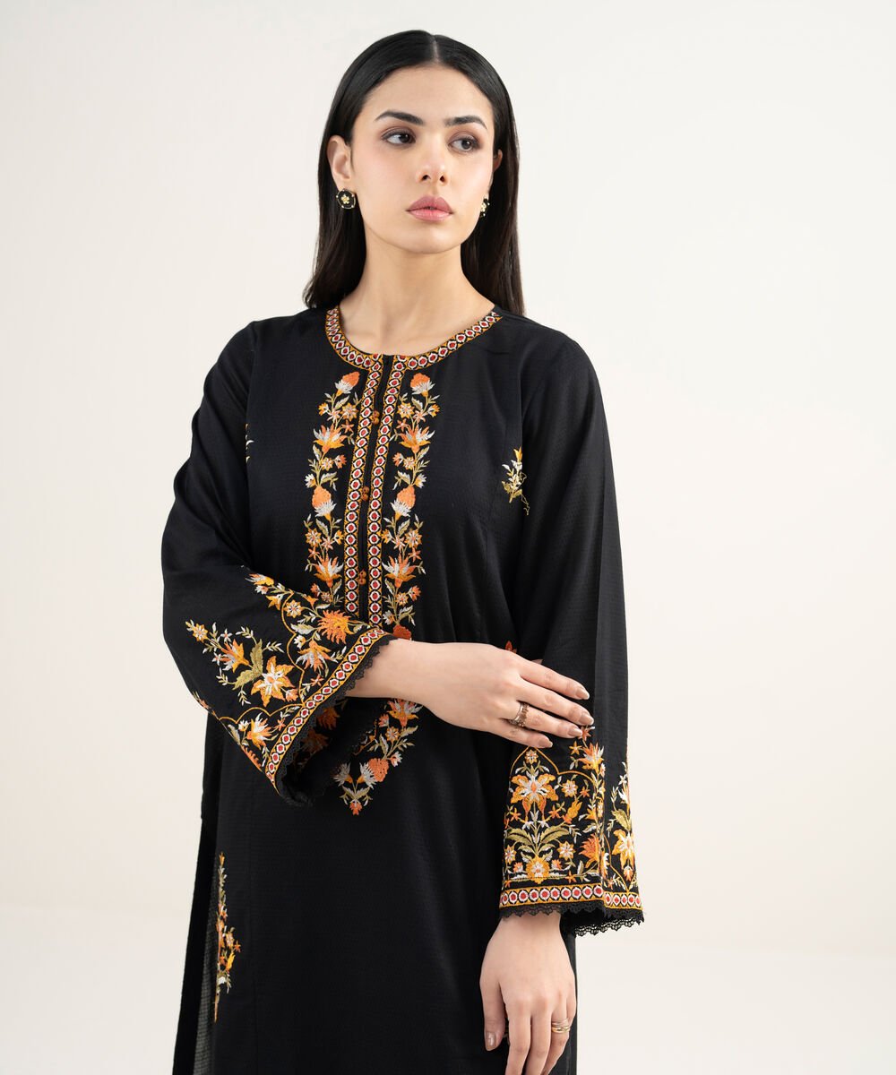 Women's RTW Dobby Embroidered Black A-Line Shirt