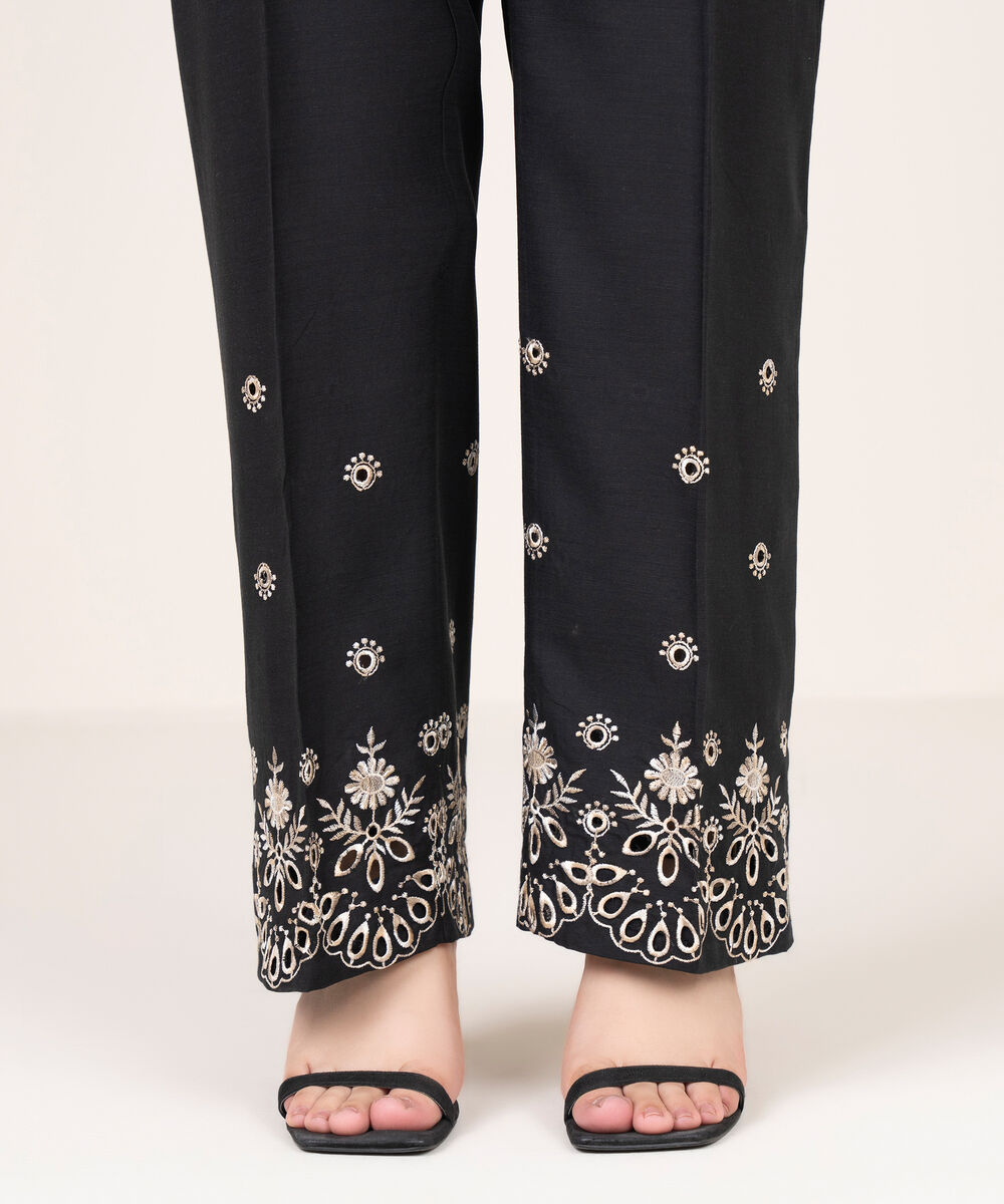 Women's RTW Cotton Viscose Embroidered Black Culottes