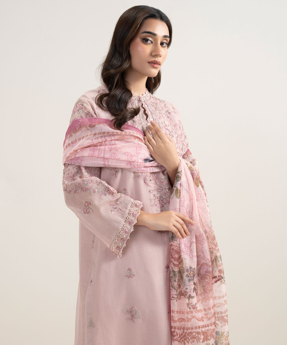 Women's Unstitched Blended Viscose Khaddi Net Embroidered Pink 3 Piece Suit