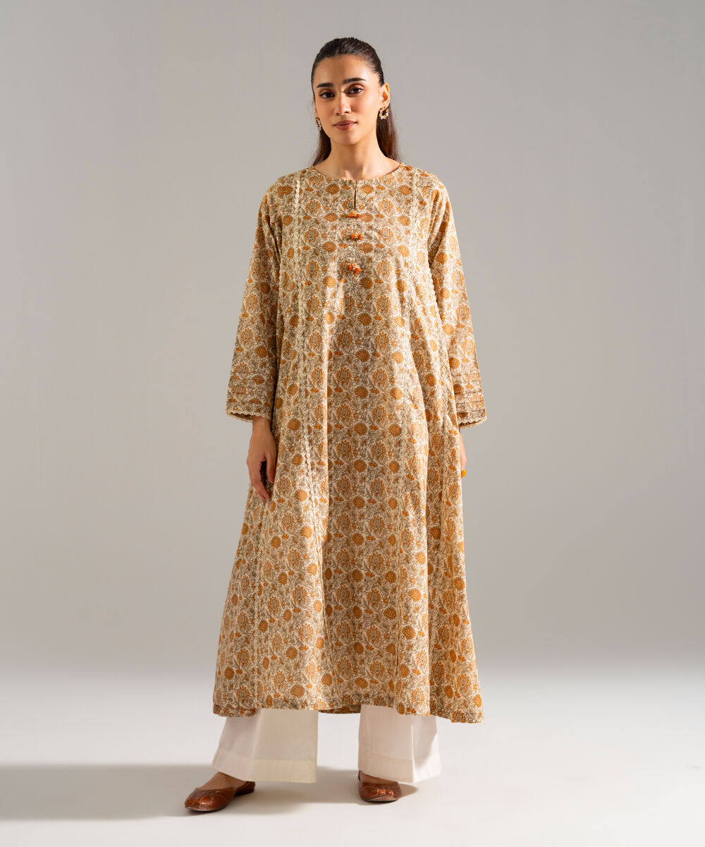 Women's RTW Slub Lawn Printed Beige A-Line Shirt