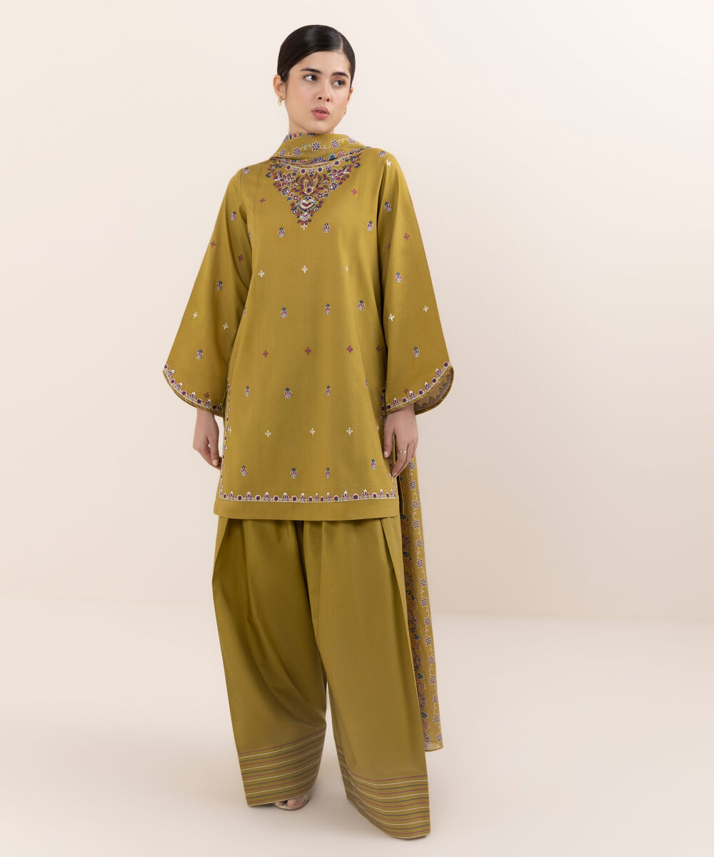 Women's Unstitched Lawn Embroidered Mustard Three Piece Suit