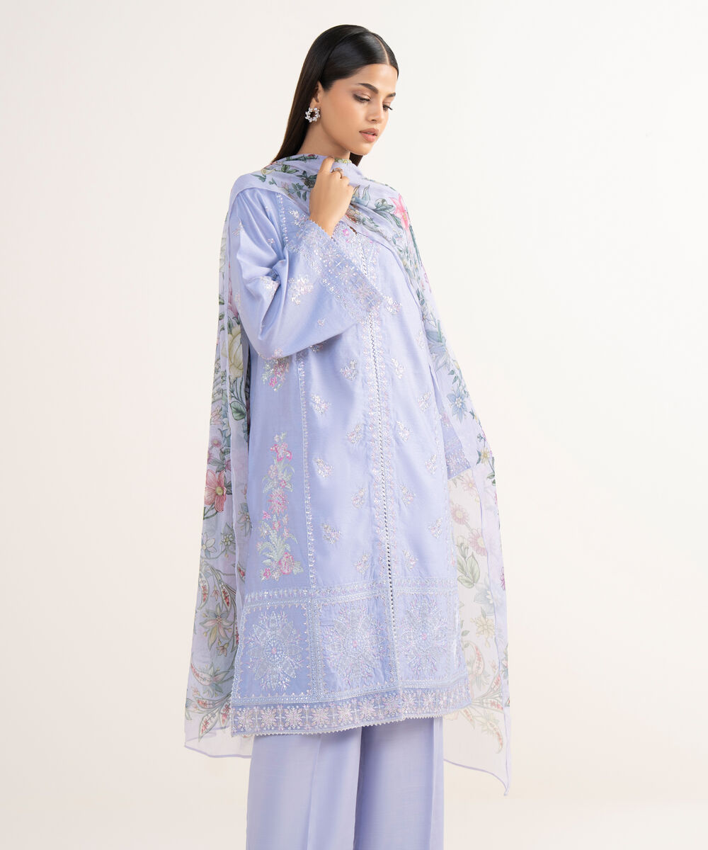 Women's RTW Silk Cotton Net Lilac Embroidered 3 Piece Suit