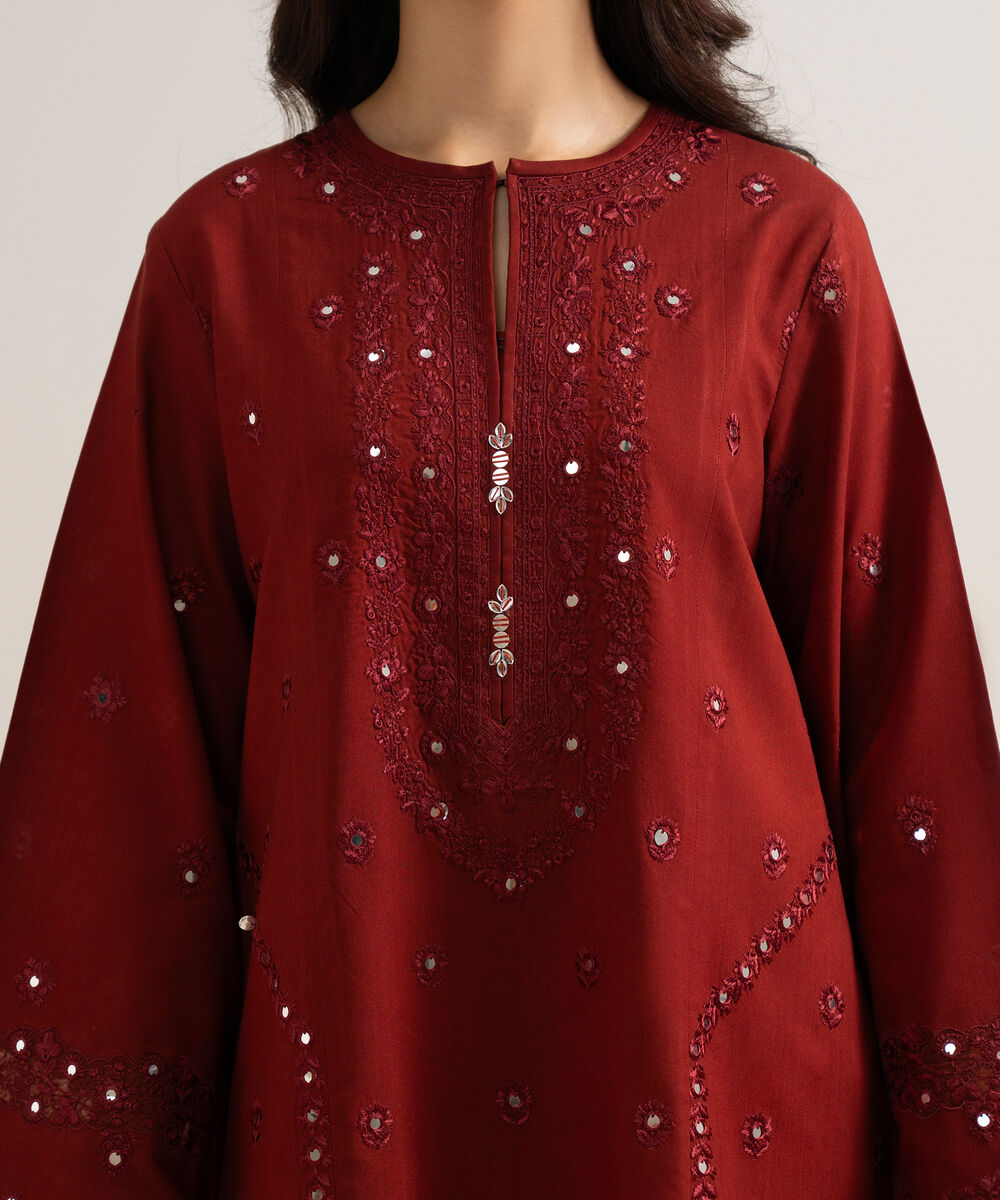 Women's Unstitched Embroidered Linen Maroon 3 Piece Suit