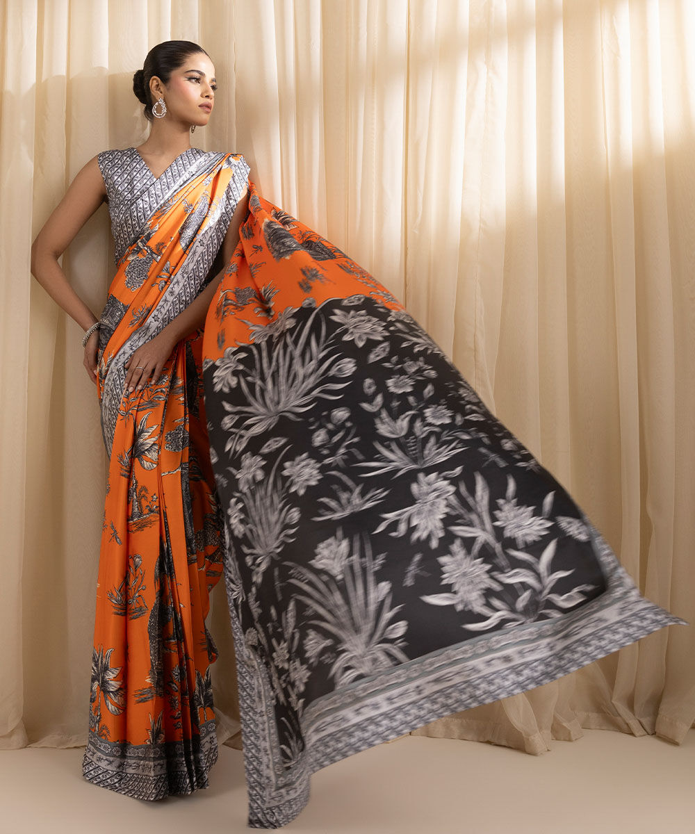 Women's Embroidered Blended Satin Orange Saree