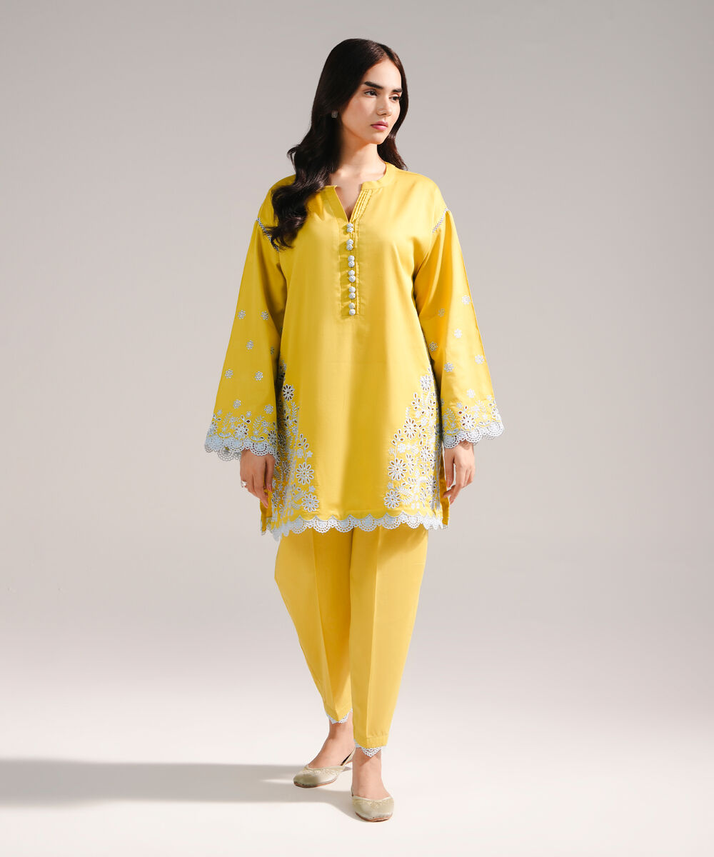 Women's RTW Cotton Satin Embroidered Yellow Straight Shirt