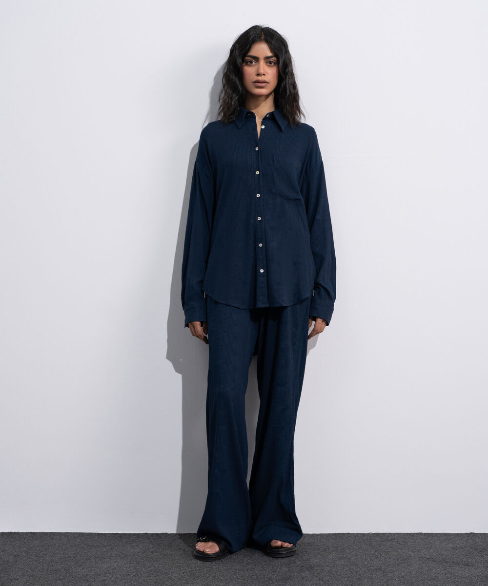 Women's Blue Button Through Seersucker Shirt