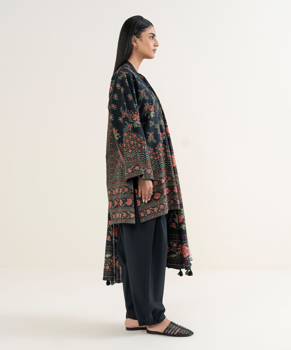 Women's Unstitched Printed Khaddar Black 3 Piece Suit