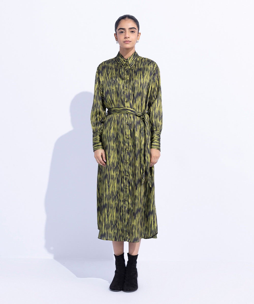 Silky Printed Dress with Belt Woman - Green Silky Printed Dress with Belt