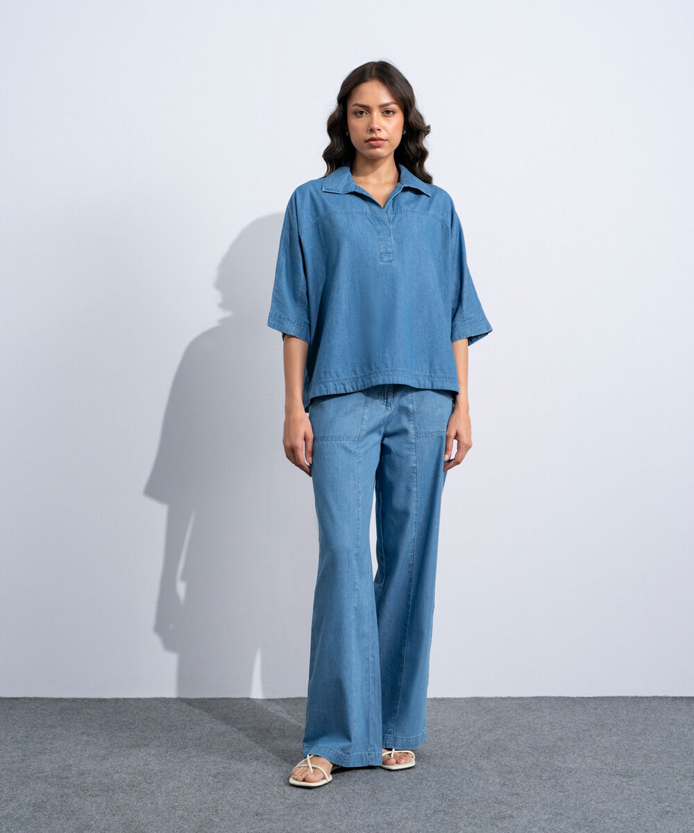 Women's Western Mid Blue Wash Denim Top With Kimono Sleeve