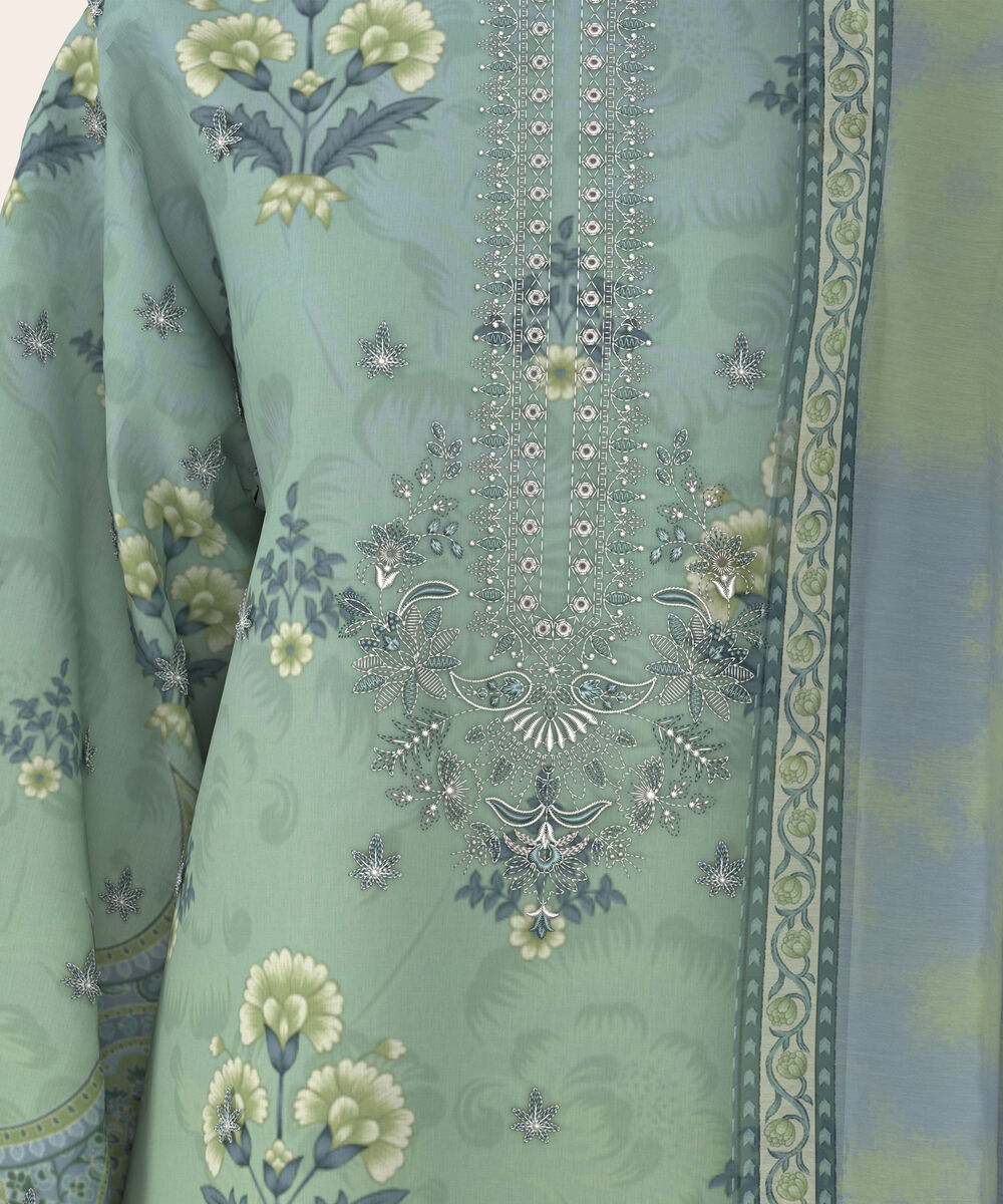 Women's Unstitched Lawn Green and Blue  Embroidered 3 Piece Suit
