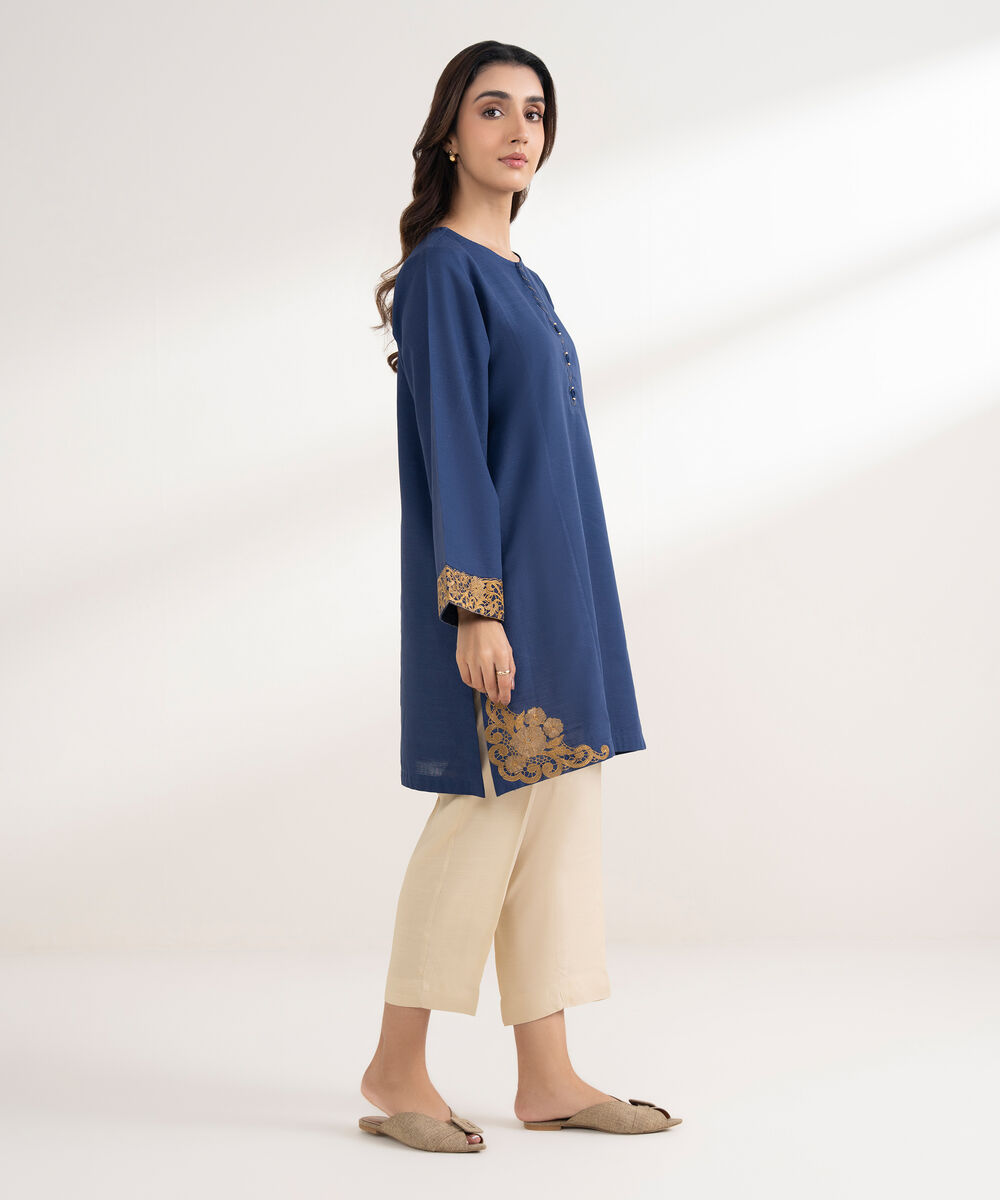 Women's RTW Cotton Embroidered Straight Blue Shirt