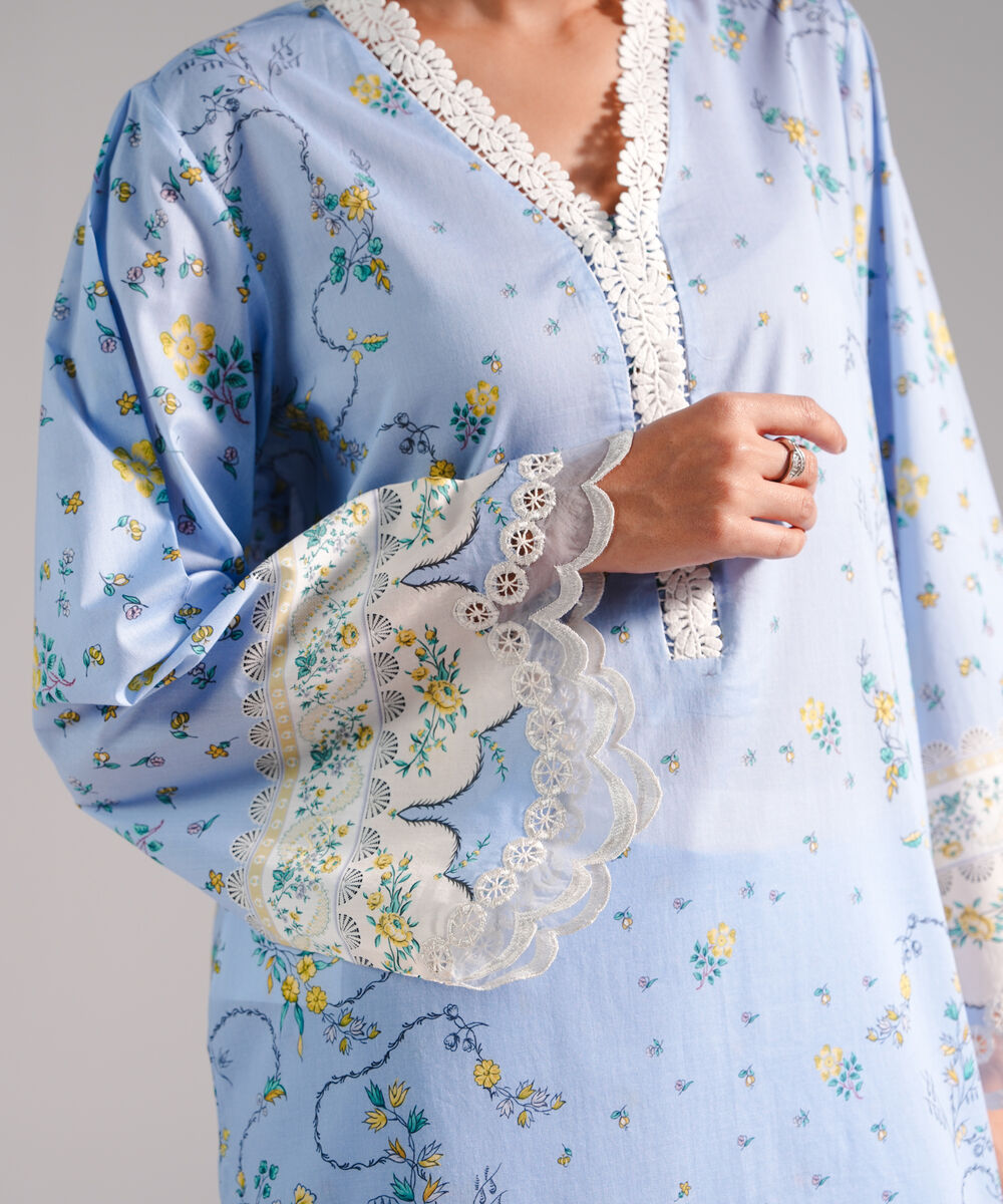 Women's RTW Lawn Embroidered Ice Blue A-Line Shirt