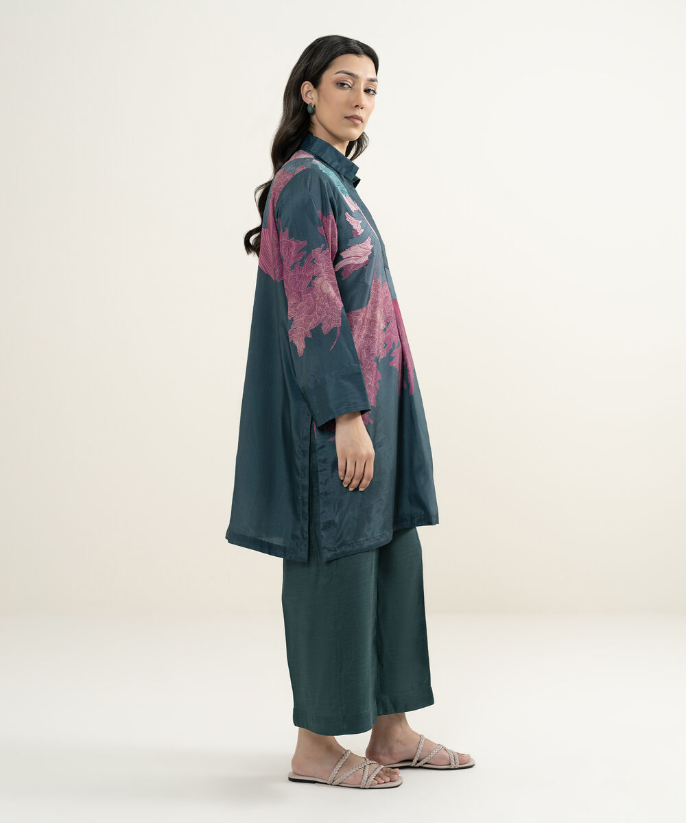 Women's RTW Blended Grip Silk Printed Teal 2 Piece Suit