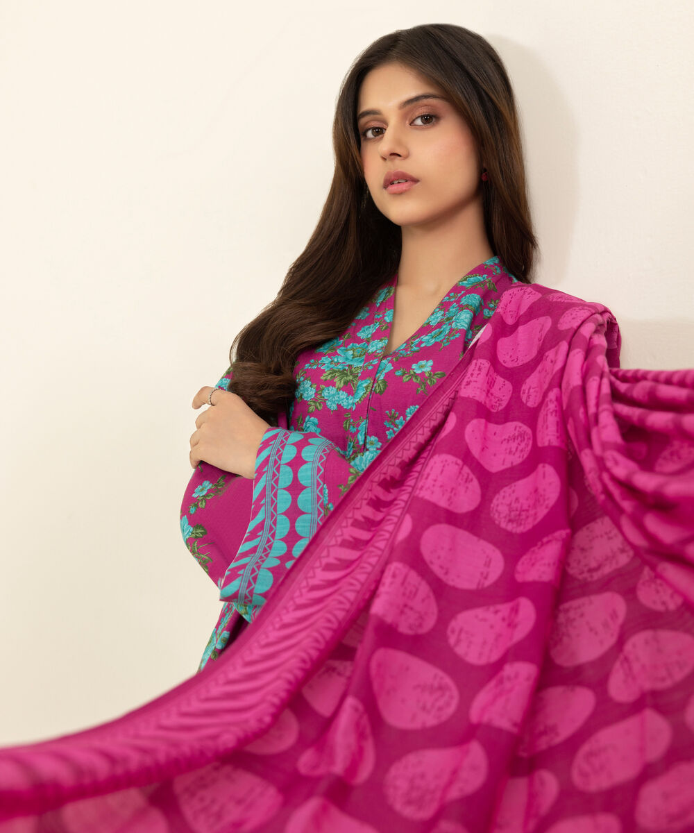 Women's Unstitched Printed Khaddar Purple 3 Piece Suit